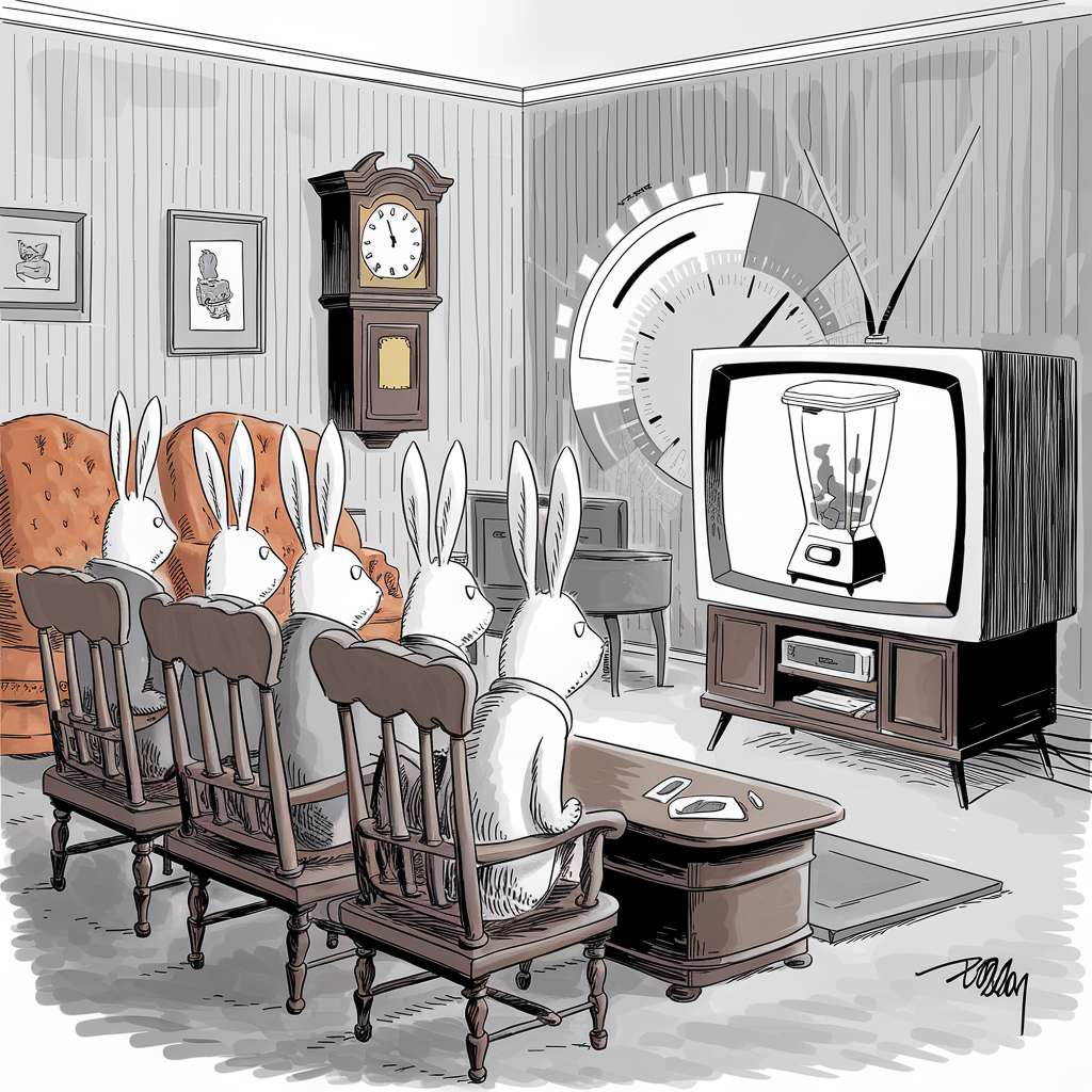 A monochromatic cartoonish scene shows six anthropomorphic rabbits sitting in two rows of chairs, attentively watching a television in a vintage-style living room. The television screen displays an image of a blender. The room is decorated with framed pictures, a standing wooden clock with a pendulum, and various pieces of classic furniture, including an orange armchair and a wooden table. The wall behind the television features a large abstract design, adding a modern twist to the otherwise retro setting.