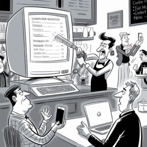 A black-and-white cartoon depicts a chaotic cafe scene. A vintage computer monitor on the counter displays a list of garbled text, labeled "Computer Monitor." A barista, using a propane torch, attempts to fix the monitor, while looking flustered. Patrons at the counter have confused and concerned expressions; one holds up a smartphone, and another sits in front of a laptop. In the background, other customers take photos with their phones and look puzzled. Various signs and menu boards contribute to the busy atmosphere.