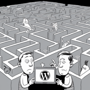 A grayscale cartoon illustration depicting a large maze with various humorous obstacles, including a horse statue, a slice of pizza, and a chicken. Two characters stand in the foreground, holding a tablet displaying the WordPress logo. The expressions on the characters' faces convey confusion and frustration, as they try to navigate the maze. WiFi symbols are scattered throughout the maze, suggesting internet connectivity challenges.