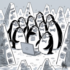 A group of cartoon penguins wearing glasses and bow ties stand in front of an open laptop in an icy landscape. They appear to be engaged in a serious discussion. Surrounding them are ice clusters that resemble data points, with various papers, graphs, and charts attached to them. The scene humorously depicts a conference or a business meeting among the penguins.