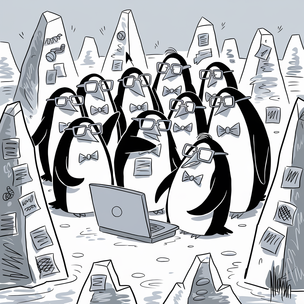 A group of cartoon penguins wearing glasses and bow ties stand in front of an open laptop in an icy landscape. They appear to be engaged in a serious discussion. Surrounding them are ice clusters that resemble data points, with various papers, graphs, and charts attached to them. The scene humorously depicts a conference or a business meeting among the penguins.
