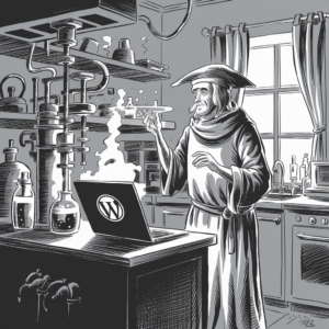 An image in black and white depicts a medieval alchemist or scholar in a traditional robe and hat. He is working in an old-fashioned laboratory filled with alchemical apparatus, including flasks, beakers, and tubes. The focus of the image is the alchemist standing before a modern laptop computer with the WordPress logo on its screen, blending ancient and modern elements in a surreal and humorous manner.