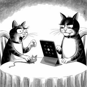 A black-and-white cartoon drawing depicts two anthropomorphic cats sitting at a round table covered with a tablecloth. The cat on the left is wide-eyed and alarmed, holding a live mouse in one paw. The cat on the right has a stern expression, focused on a tablet device in front of them. The tablet screen displays various icons, suggesting interactive or menu options. The scene has a humorous tension between the surprised cat with the mouse and the serious, technology-using cat.