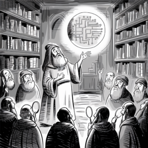 A black-and-white illustration depicts a group of medieval scholars in a dimly lit library filled with bookshelves. In the center, an elderly scholar in robes gestures towards a glowing, floating circular diagram that resembles a modern computer chip. Other scholars, also in robes, observe the diagram with expressions of wonder and curiosity. Some hold magnifying glasses, examining the intricate details of the glowing circuit. The scene blends elements of ancient scholarship with futuristic technology.