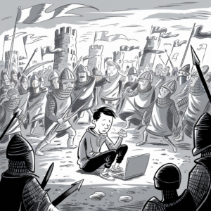 A grayscale illustration depicts a young person sitting on the ground with a laptop, appearing worried. They are surrounded by an army of medieval knights wearing armor and carrying spears and banners. The backdrop features castle towers and flags. The juxtaposition of the modern laptop and the historical setting creates a striking contrast.