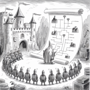 A medieval-themed cartoon depicts a wizard with a long beard and pointed hat standing in front of a large scroll. The scroll features a network diagram with Wi-Fi symbols and illustrations of buildings connected by lines, mimicking a modern network map. The wizard appears to be explaining the diagram to a group of knights, who are seated in a semicircle around him. In the background, a castle with towers and flags is visible. Modern objects like a computer, server racks, and cables are scattered around the edges of the scene, blending the medieval and contemporary contexts.