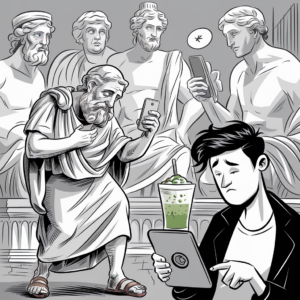 A black-and-white cartoon illustration features four ancient Greek statues dressed in traditional attire, each holding a modern smartphone and looking at the screens. At the forefront, a fifth statue appears to be taking a selfie. Beside the statues, a modern-day young man with a frustrated expression sits holding a tablet. In front of him is a green drink with a straw, possibly a bubble tea or smoothie. The background includes classical architectural elements, highlighting the juxtaposition between ancient and contemporary times.
