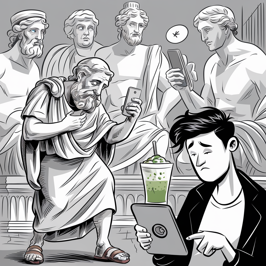 A black-and-white cartoon illustration features four ancient Greek statues dressed in traditional attire, each holding a modern smartphone and looking at the screens. At the forefront, a fifth statue appears to be taking a selfie. Beside the statues, a modern-day young man with a frustrated expression sits holding a tablet. In front of him is a green drink with a straw, possibly a bubble tea or smoothie. The background includes classical architectural elements, highlighting the juxtaposition between ancient and contemporary times.