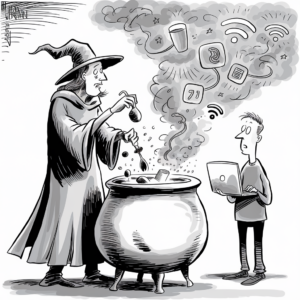 A black and white illustration of a wizard wearing a hat and robe stirring a large cauldron with various objects and symbols emerging from it, such as a Wi-Fi signal, a pie chart, an ear, a speech bubble, and other icons representing modern technology and communication. Standing next to the cauldron is a person holding and looking at a laptop, appearing puzzled or thoughtful. The scene humorously blends elements of magic with contemporary technology.
