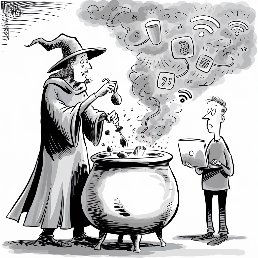 A black and white illustration of a wizard wearing a hat and robe stirring a large cauldron with various objects and symbols emerging from it, such as a Wi-Fi signal, a pie chart, an ear, a speech bubble, and other icons representing modern technology and communication. Standing next to the cauldron is a person holding and looking at a laptop, appearing puzzled or thoughtful. The scene humorously blends elements of magic with contemporary technology.