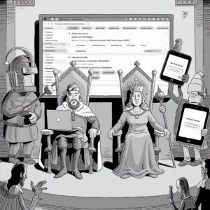 A black and white illustration depicts a medieval-themed scene with modern technology integrated. A king and queen sit on thrones in the center, with the king using a laptop on his lap. Various people in medieval clothing and armor surround them, some holding large smartphones and other gadgets. In the background, a large computer screen displays a web interface with text and icons resembling modern software or database management tools. The overall atmosphere merges elements of the past with contemporary technology.