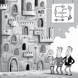A grayscale illustration depicts three people standing in front of a complex castle with many doors and windows. The castle's walls are covered with numerous arrows pointing in various directions, suggesting a confusing and intricate layout. Above the castle is a large sign with a flowchart of arrows and shapes, adding to the complexity. The three individuals appear perplexed and are trying to figure out their way. One person is scratching their head, while the other two look intently at the confusing directional arrows.