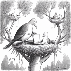 A black and white illustration shows a scene where birds are depicted using modern technology. In the foreground, a bird is operating a laptop while another bird watches from the same nest. The nest is situated in a tree. In the background, there are other birds in nests perched on separate branches, each also engaged with their own laptops. The illustration portrays a humorous merging of nature and technology.