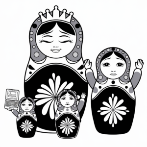 Black and white illustration of four nested Russian dolls, known as matryoshka dolls. The largest doll wears a crown with her eyes closed and a content smile. The second doll has her eyes open and raises both hands, showing a neutral expression. The third doll is smaller, also with raised hands and a similar expression to the second doll. The smallest doll holds a laptop and looks slightly distressed. All dolls display floral patterns on their bodies.