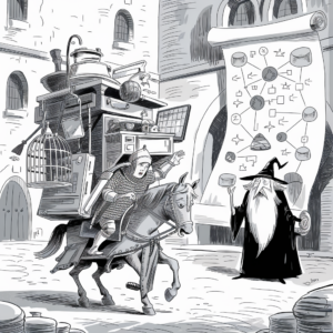 A black-and-white illustration depicts a knight riding a horse through a medieval town square. The knight has an exaggeratedly large stack of various objects tied to his back, including a birdcage, furniture pieces, and other household items. The horse looks exhausted and burdened. Beside the knight stands a wizard with a long beard and a pointy hat, who is holding a scroll and gesturing towards an oversized chart filled with various symbols. The background features tall stone buildings with arched windows and doors.