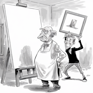 A black and white cartoon shows an elderly artist with a sour expression standing in front of a blank canvas on an easel. He is wearing an apron and has his arms crossed. Behind him, a younger, cheerful character is holding up a framed painting of a tree stump, as if offering it to the artist. The younger character is smiling widely and standing on one leg, adding a dynamic and playful contrast to the serious demeanor of the older artist.