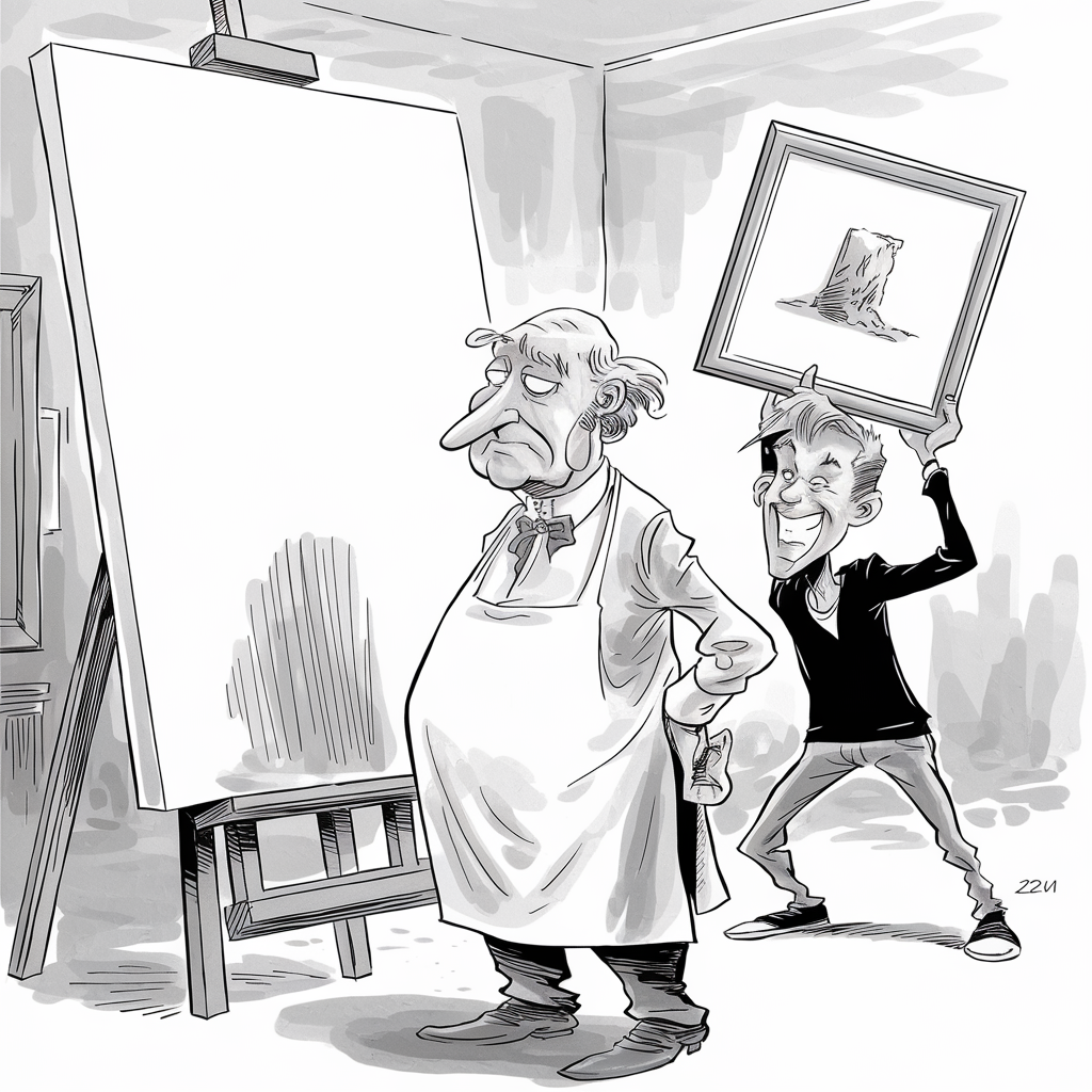 A black and white cartoon shows an elderly artist with a sour expression standing in front of a blank canvas on an easel. He is wearing an apron and has his arms crossed. Behind him, a younger, cheerful character is holding up a framed painting of a tree stump, as if offering it to the artist. The younger character is smiling widely and standing on one leg, adding a dynamic and playful contrast to the serious demeanor of the older artist.