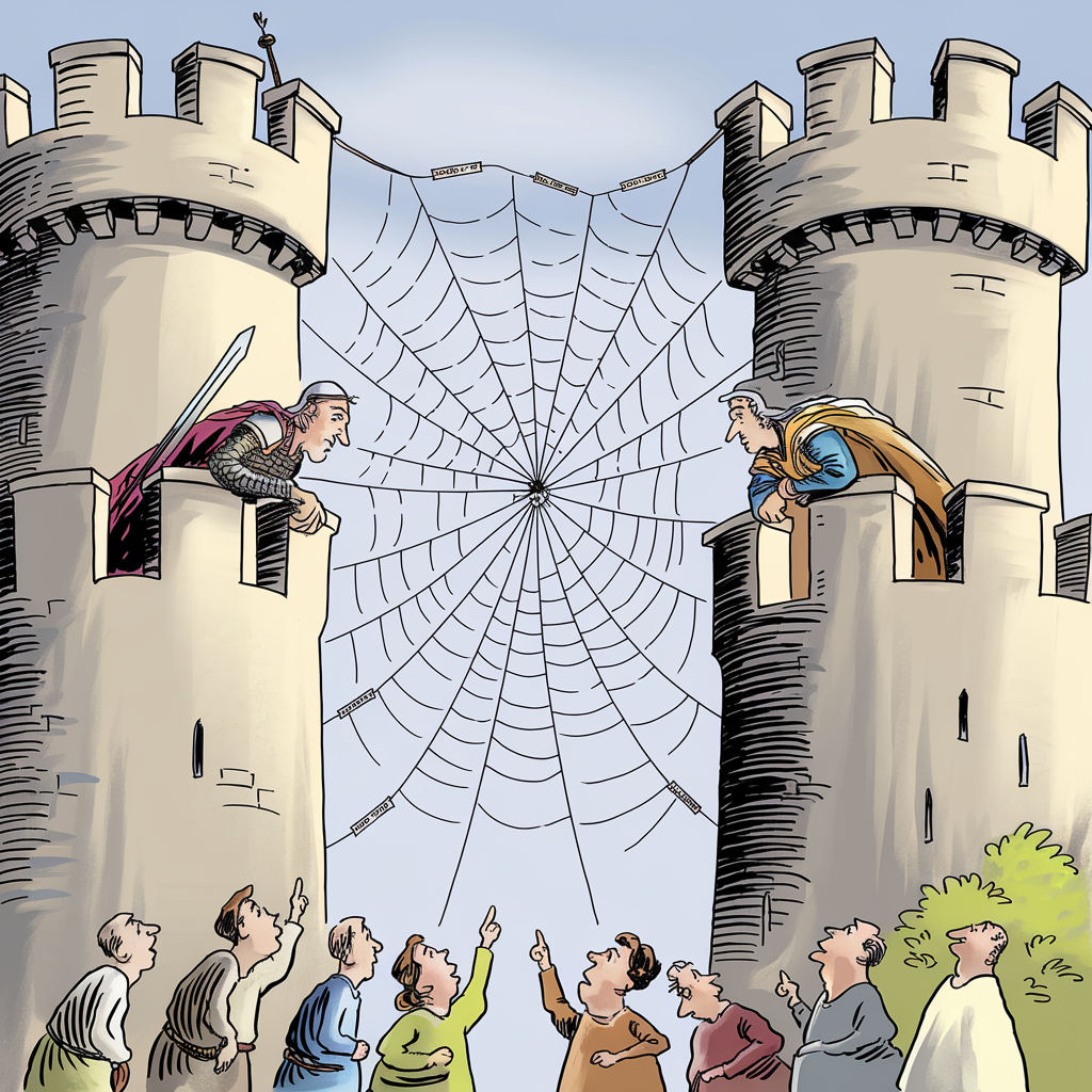 A cartoon depicts two men in medieval attire standing in the windows of two castle towers, facing each other. The towers are connected by a large spider web with labels like "broadband" and "highspeed." Below, a group of people are looking up and pointing towards the spider web. The scene humorously illustrates the concept of communication or connection in a medieval setting.