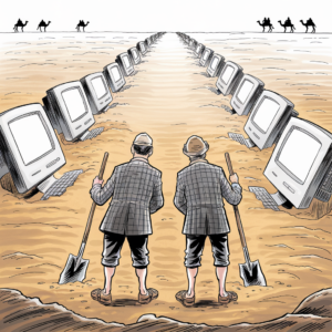 Two men in checkered coats, one holding a shovel, stand in a desert facing an endless line of partially buried old computer monitors and keyboards that extend to the horizon. In the background, silhouettes of camels with riders are visible against the sky. The scene combines elements of modern technology with an ancient desert setting, presenting a stark juxtaposition.