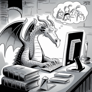 A cartoon illustration of a dragon sitting at a desktop computer, typing on the keyboard. The dragon appears to be working in a study or library with stacks of books and papers on the desk. It has a thoughtful expression and there is a thought bubble above its head depicting four worried-looking knights wearing helmets. The background features a stone wall and an archway.