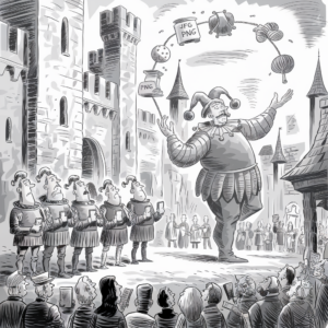 A black and white illustration depicts a medieval jester juggling various objects, including balls, a cylindrical container labeled "JFG PNG," a small barrel labeled "PNG," a potion-like flask, and other miscellaneous items, in a courtyard surrounded by castle structures. Below the jester, a group of bemused spectators, some dressed in medieval clothing and others in modern attire, watch the performance. Four individuals in medieval attire standing to the left of the jester hold digital devices, seemingly recording or analyzing the performance. Additional onlookers can be seen in the background, near the castle walls and towers.
