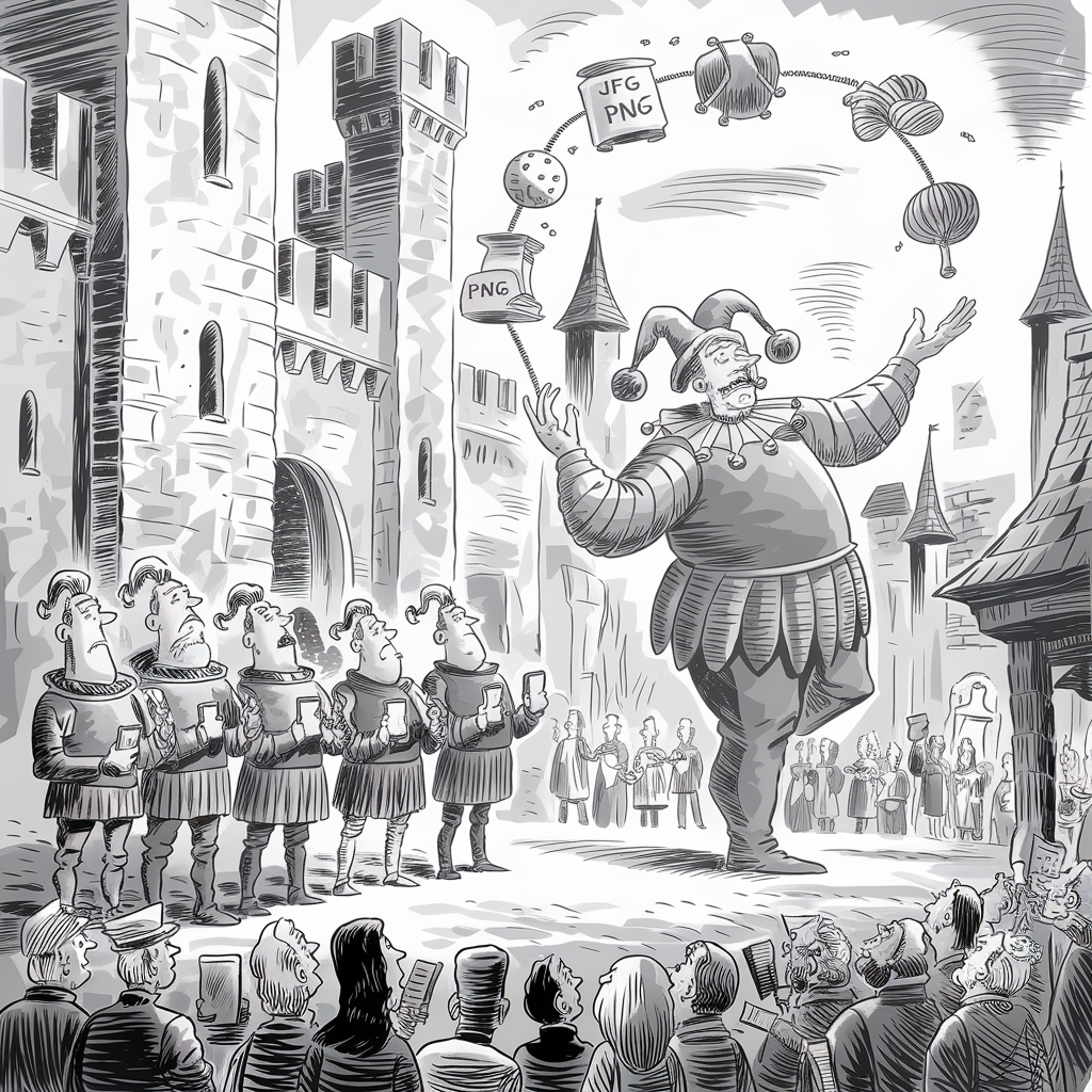 A black and white illustration depicts a medieval jester juggling various objects, including balls, a cylindrical container labeled "JFG PNG," a small barrel labeled "PNG," a potion-like flask, and other miscellaneous items, in a courtyard surrounded by castle structures. Below the jester, a group of bemused spectators, some dressed in medieval clothing and others in modern attire, watch the performance. Four individuals in medieval attire standing to the left of the jester hold digital devices, seemingly recording or analyzing the performance. Additional onlookers can be seen in the background, near the castle walls and towers.