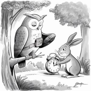 A black-and-white illustration shows a wise-looking owl perched on a branch, wearing a digital wristwatch. The owl appears calm and slightly sleepy. Below the owl, a rabbit stands on the ground, holding an old-fashioned alarm clock with bells on top. The rabbit seems to be adjusting the time. Both animals are in a forest setting with trees and bushes in the background.