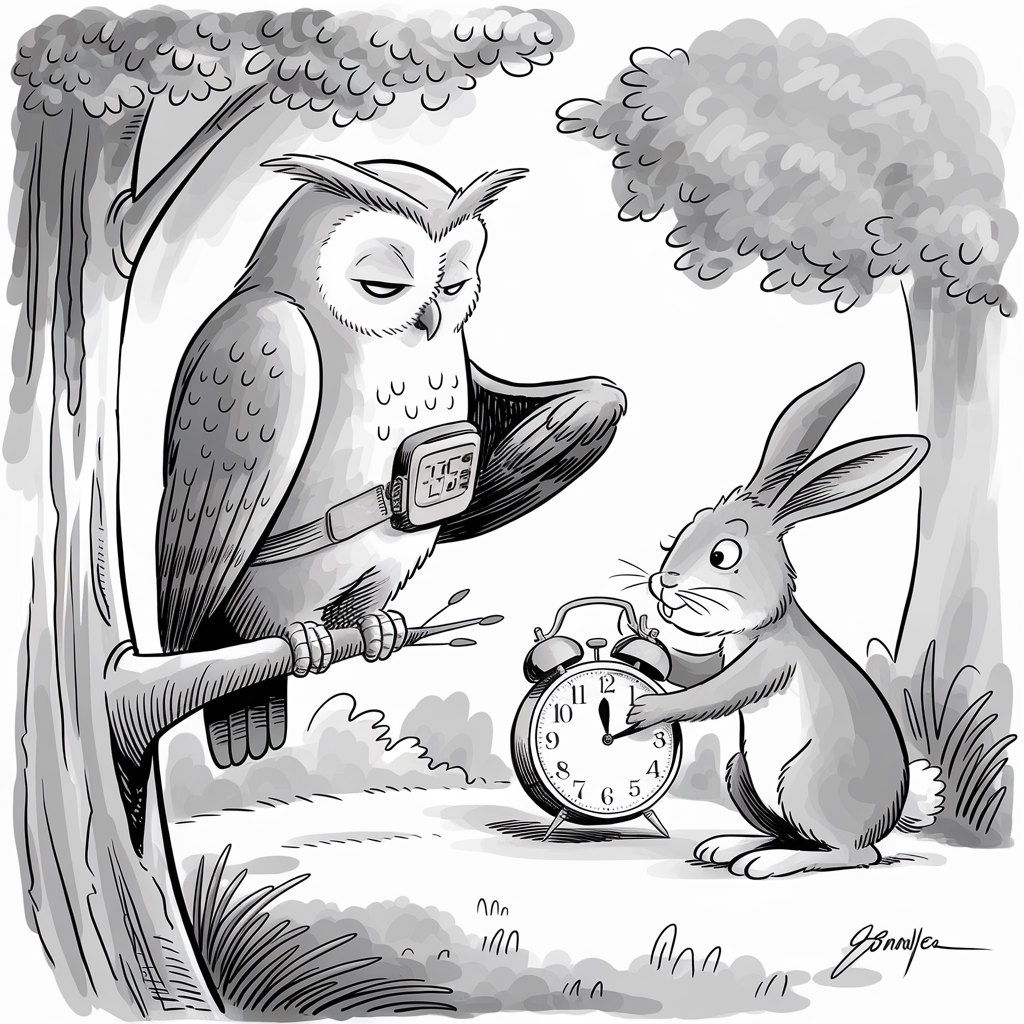 A black-and-white illustration shows a wise-looking owl perched on a branch, wearing a digital wristwatch. The owl appears calm and slightly sleepy. Below the owl, a rabbit stands on the ground, holding an old-fashioned alarm clock with bells on top. The rabbit seems to be adjusting the time. Both animals are in a forest setting with trees and bushes in the background.