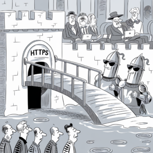 A cartoon depicts a medieval castle with a drawbridge extending over a moat. The castle has an archway labeled "HTTPS." Two knights stand guard on the bridge, wearing sunglasses and full armor, appearing cool and confident. Below the bridge, several people, dressed in modern-day clothing, look up in surprise. In the background, some onlookers with laptops sit on the castle battlements. The overall scene humorously juxtaposes medieval security with modern internet security, represented by HTTPS.