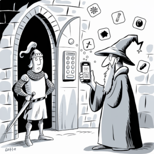 A cartoon illustration shows a knight standing in front of a castle's arched entrance, looking skeptical and with arms crossed. A wizard, wearing a traditional robe and pointy hat, is standing outside the entrance, holding up a smartphone while various icons float around. The entrance has a keypad lock on the side of the doorway. The wizard appears to be using a modern smartphone to presumably cast a spell or access the keypad. The scene humorously combines elements of medieval fantasy with modern technology.