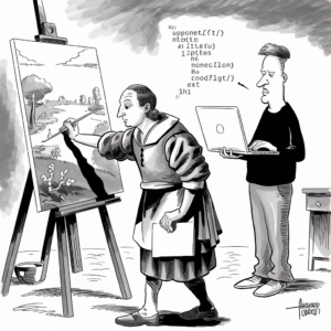 A black-and-white cartoon depicts a historical painter, dressed in traditional attire, working on a landscape painting on an easel. Next to the painter is a contemporary person holding a laptop and looking at the screen, appearing to dictate nonsensical text filled with random characters. The painter looks slightly confused while sketching. The contrasting attires and tools highlight the difference in time periods. The surrounding background includes large, ominous clouds and some minimal ground detail. The artist’s signature “Alarico Toqueti” is visible in the corner.