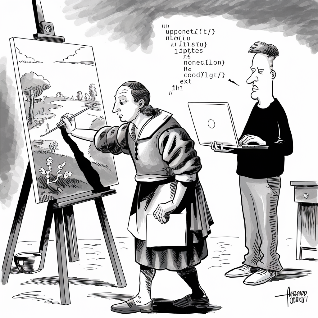 A black-and-white cartoon depicts a historical painter, dressed in traditional attire, working on a landscape painting on an easel. Next to the painter is a contemporary person holding a laptop and looking at the screen, appearing to dictate nonsensical text filled with random characters. The painter looks slightly confused while sketching. The contrasting attires and tools highlight the difference in time periods. The surrounding background includes large, ominous clouds and some minimal ground detail. The artist’s signature “Alarico Toqueti” is visible in the corner.