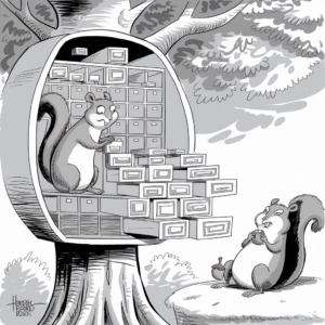 A black-and-white illustration depicts two squirrels interacting. One squirrel is inside a tree hollow which has been converted into a filing cabinet with numerous open drawers, many spilling out. This squirrel is examining a file. The second squirrel, standing on the ground below, appears pleased, holding an acorn and looking up at the squirrel with the files. The background features tree foliage and the trunk of the tree.