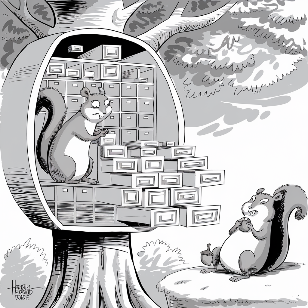 A black-and-white illustration depicts two squirrels interacting. One squirrel is inside a tree hollow which has been converted into a filing cabinet with numerous open drawers, many spilling out. This squirrel is examining a file. The second squirrel, standing on the ground below, appears pleased, holding an acorn and looking up at the squirrel with the files. The background features tree foliage and the trunk of the tree.