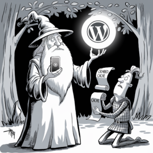 A black and white cartoon depicts a wizard with a long beard and a pointed hat holding a smartphone in one hand and a glowing WordPress logo in the other. In front of him, a knight kneels, looking up in awe while holding two scrolls labeled "OEMBED CACHE" and "CACHE." They are in a magical forest with tall trees and leafy bushes in the background. The scene has a whimsical and mystical atmosphere.