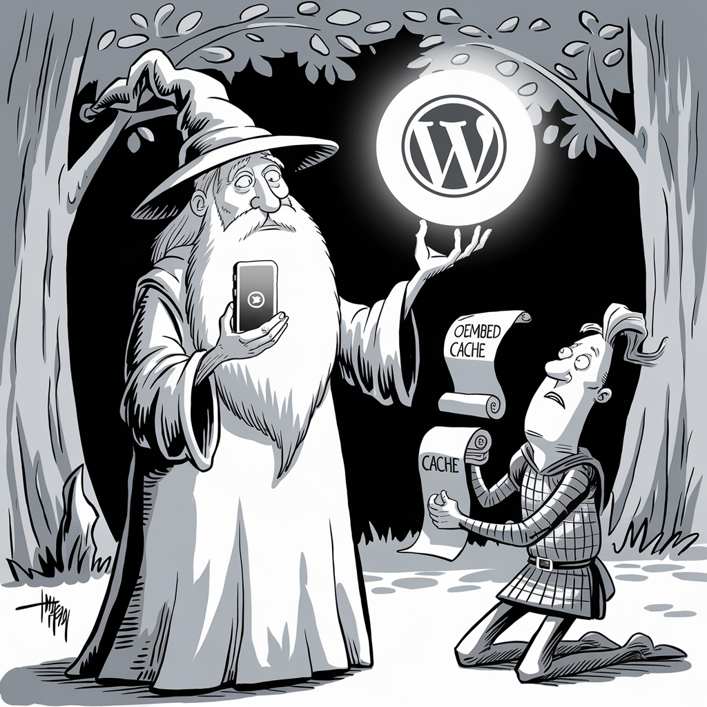 A black and white cartoon depicts a wizard with a long beard and a pointed hat holding a smartphone in one hand and a glowing WordPress logo in the other. In front of him, a knight kneels, looking up in awe while holding two scrolls labeled "OEMBED CACHE" and "CACHE." They are in a magical forest with tall trees and leafy bushes in the background. The scene has a whimsical and mystical atmosphere.