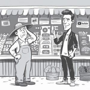 A black-and-white cartoon image depicts a scene at a marketplace. On the left, a distressed older man wearing overalls and a wide-brimmed hat stands in front of a produce stall, scratching his head. The stall is filled with various fruits and vegetables. On the right, a younger, stylishly dressed man holding a smartphone stands confidently. Behind him, the back of the stall is covered with icons and symbols related to social media and digital platforms, suggesting a clash between traditional and modern business approaches. The younger man looks serious and focused on his phone, while the older man appears concerned and puzzled.