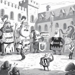 A cartoon illustration depicts a medieval setting with characters dressed in armor and period clothing. They are gathered in what appears to be a courtyard between castle buildings. Two knights, labeled "Yoast" on their armor, stand on one side. Another knight holding a shield with the "Rank Math" logo stands on the opposite side. A central figure wearing a "WordPress" shield stands in the middle, appearing puzzled. The scene is filled with other characters, some animatedly gesturing and others observing the situation with interest. The overall atmosphere is humorous and depicts a showdown between SEO plugins in a whimsical medieval context.