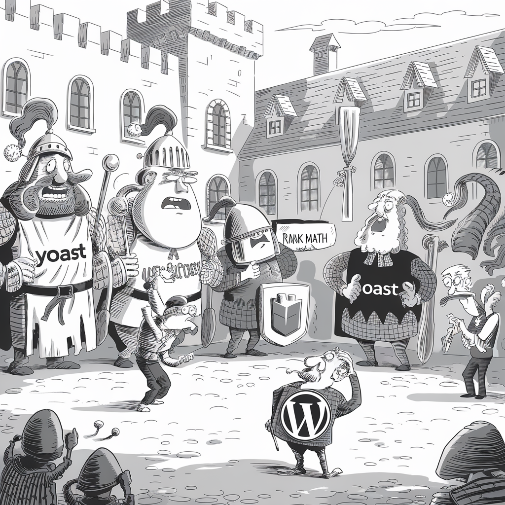 A cartoon illustration depicts a medieval setting with characters dressed in armor and period clothing. They are gathered in what appears to be a courtyard between castle buildings. Two knights, labeled "Yoast" on their armor, stand on one side. Another knight holding a shield with the "Rank Math" logo stands on the opposite side. A central figure wearing a "WordPress" shield stands in the middle, appearing puzzled. The scene is filled with other characters, some animatedly gesturing and others observing the situation with interest. The overall atmosphere is humorous and depicts a showdown between SEO plugins in a whimsical medieval context.