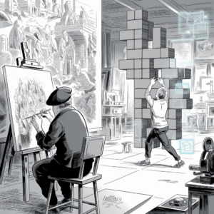 A detailed black-and-white illustration shows an artist’s studio. On the left, an artist wearing a beret is seated on a stool, meticulously painting a complex, classical scene on a large canvas. On the right, another person is actively constructing a large, three-dimensional structure made of interconnected blocks that seem to glow with a neon outline, indicative of a mix between classical artistry and modern digital elements. The background is filled with various paintings, sculptures, and artistic tools, creating an atmosphere rich with creativity.