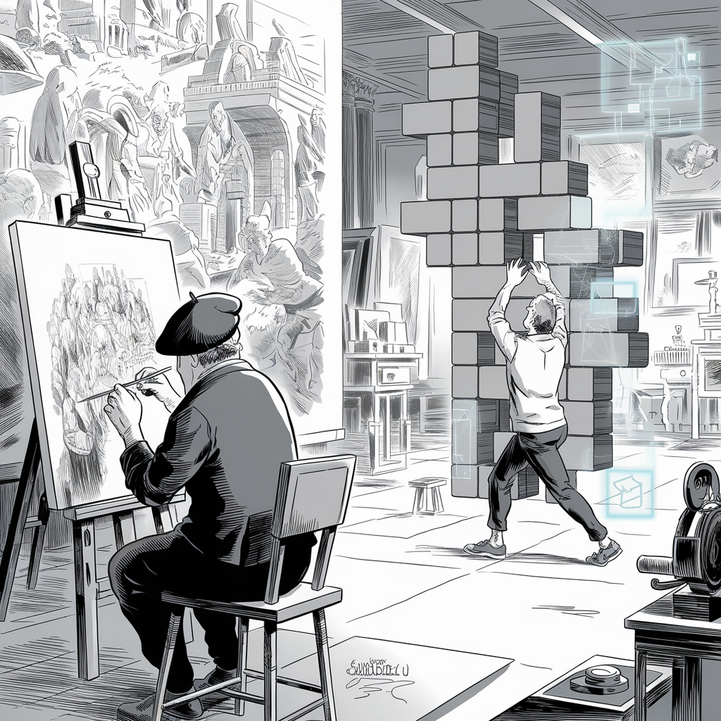 A detailed black-and-white illustration shows an artist’s studio. On the left, an artist wearing a beret is seated on a stool, meticulously painting a complex, classical scene on a large canvas. On the right, another person is actively constructing a large, three-dimensional structure made of interconnected blocks that seem to glow with a neon outline, indicative of a mix between classical artistry and modern digital elements. The background is filled with various paintings, sculptures, and artistic tools, creating an atmosphere rich with creativity.
