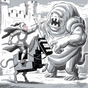 A monochrome illustration depicts a knight in full armor riding a horse, charging towards a large, monstrous creature. The knight holds a lance, poised to attack, and the horse has a distinct, geometric design. The monster appears blubbery with a gaping mouth and menacing expression. The background features castle walls and towering battlements. The overall scene conveys a dramatic confrontation in a medieval fantasy setting.