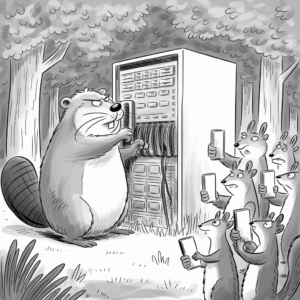 A cartoon illustration depicts a beaver in a forest standing in front of a large server rack, working on the wires. Several concerned-looking squirrels are gathered around, holding cell phones, seemingly upset or confused by the situation. The scene combines natural woodland elements with modern technology, creating a humorous juxtaposition.