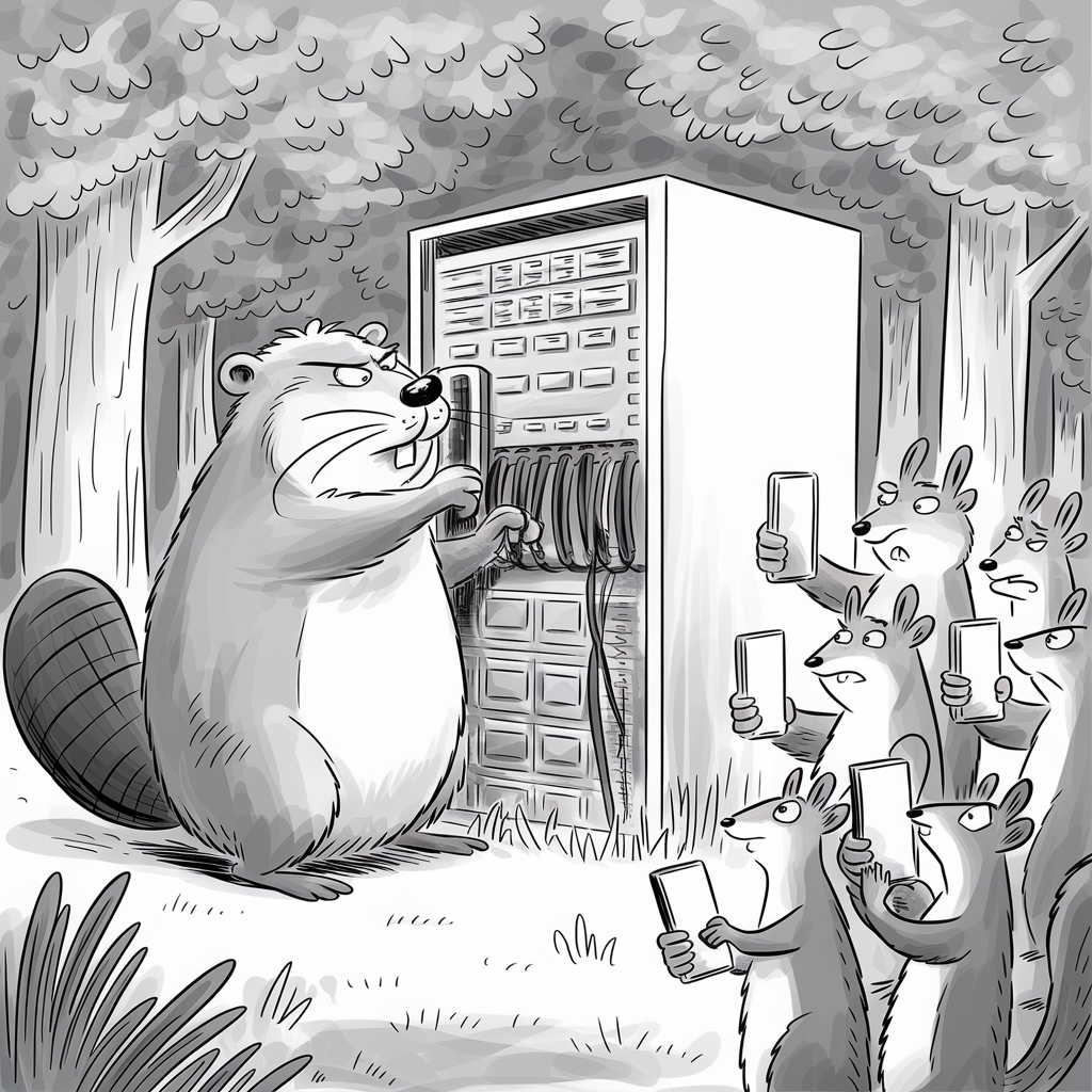 A cartoon illustration depicts a beaver in a forest standing in front of a large server rack, working on the wires. Several concerned-looking squirrels are gathered around, holding cell phones, seemingly upset or confused by the situation. The scene combines natural woodland elements with modern technology, creating a humorous juxtaposition.