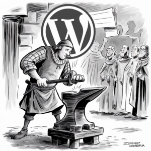 A black-and-white illustration depicts a medieval blacksmith forging a sword on an anvil. The blacksmith is wearing traditional medieval attire and appears focused on his work. Behind him, there is a large circular emblem featuring the WordPress logo, adding a modern twist to the historical setting. In the background, several robed figures observe the blacksmith’s work, with one holding a scroll. The overall scene blends elements of medieval craftsmanship with contemporary digital branding.