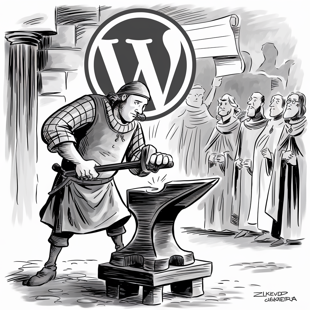 A black-and-white illustration depicts a medieval blacksmith forging a sword on an anvil. The blacksmith is wearing traditional medieval attire and appears focused on his work. Behind him, there is a large circular emblem featuring the WordPress logo, adding a modern twist to the historical setting. In the background, several robed figures observe the blacksmith’s work, with one holding a scroll. The overall scene blends elements of medieval craftsmanship with contemporary digital branding.
