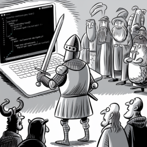 A black-and-white illustration depicts a knight in full armor holding a sword and facing a large open laptop. The laptop screen displays lines of code. Behind the knight, several medieval characters, including wizards and warriors, are watching intently. In the foreground, other medieval individuals, including a man with Viking-style horns, are also observing. The scene blends elements of fantasy and technology humorously.