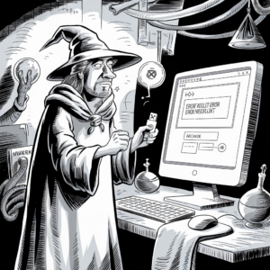 A black and white illustration depicts a wizard in a medieval outfit, complete with a pointed hat and a cloak, standing in front of a modern computer. The computer screen displays an error message with the words "Error! Fault! Error! Error! Malfunction!" The wizard is holding a small object in his hand that resembles a USB stick with a distressed face on it. The scene combines elements of fantasy and technology, including potions, vials, and mystical items placed around the desk. A glowing crystal ball is held by a mysterious hand emerging from the background. The overall mood is a humorous take on the clash between magical elements and modern technology.