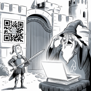A cartoon-style illustration depicts a scene in front of a castle gate. A knight, looking confused and holding a sword, stares at a QR code on the castle wall. Nearby, a wizard in robes and a pointed hat stands in front of a glowing laptop, seemingly casting a spell or giving instructions. The contrast between the medieval setting and modern technology adds a humorous touch to the image.