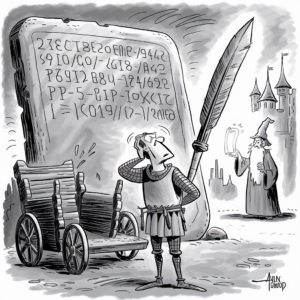 A cartoon depicts a medieval knight scratching his head in confusion while standing in front of large slab with unintelligible text written in an ancient script. He holds a massive quill in his hand. To the right, a wizard holding a scroll is looking at the knight from a distance. The scene includes medieval-inspired elements such as a wooden cart and a castle with towers in the background.